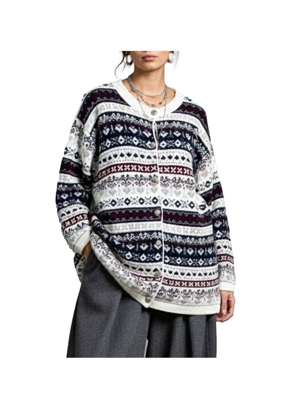 Vintage Carroll Reed acrylic ivory navy burgundy fair isle boxy tunic cardigan L